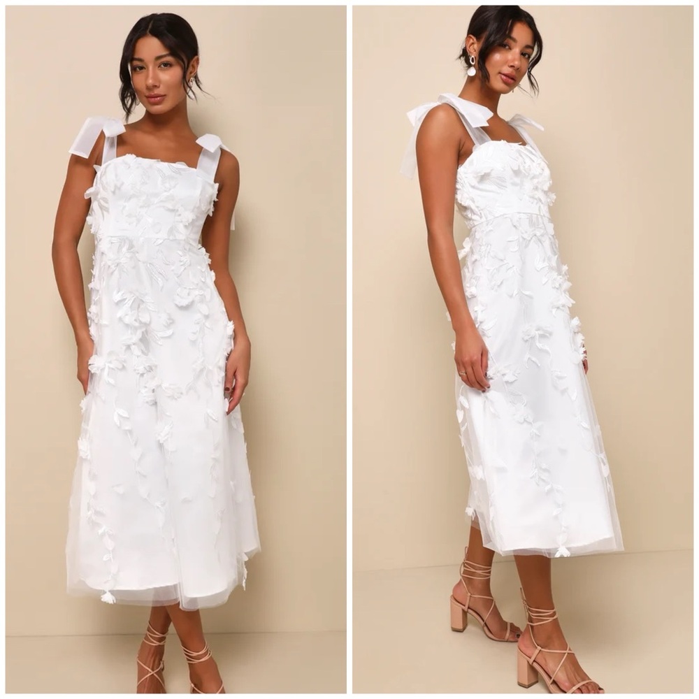 Lulu's Effortlessly Sweet White Tulle 3D Floral Tie-Strap Midi Dress